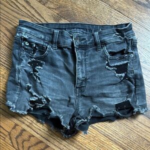 American Eagle High Rise Shortie Distressed Black Denim Shorts